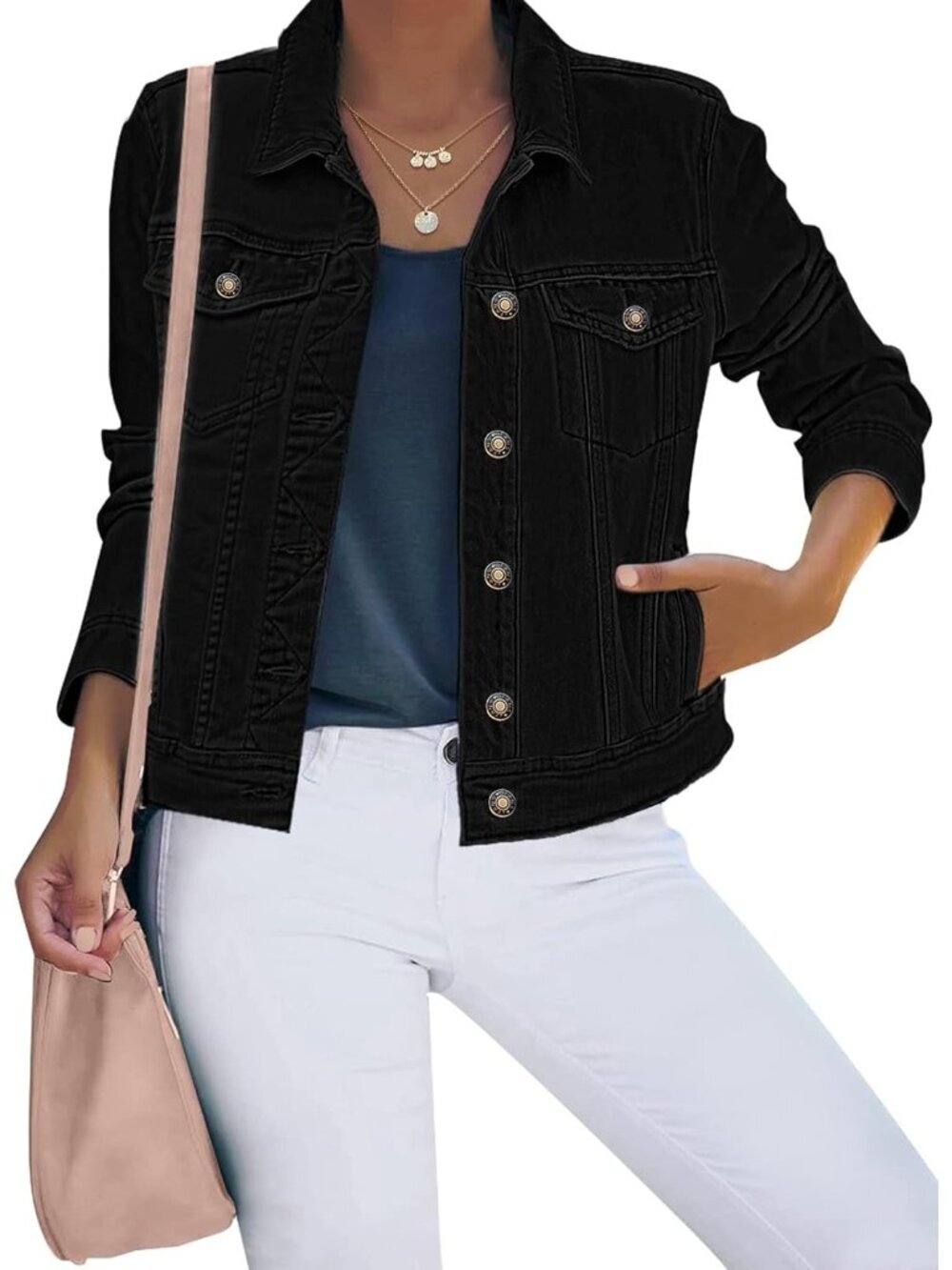 Women's Black Basic Button Down Stretch Fitted Long Sleeves Denim Jean Jacket